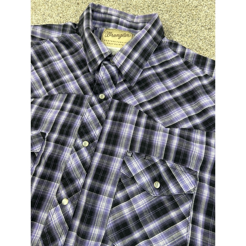 Wrangler Western Shirt Mens 2XL Pearl Snap Short Sleeve Purple Plaid #0443